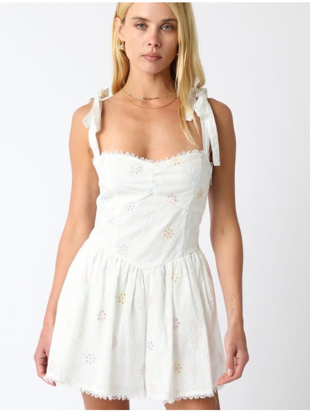 Olivialicious Floral Embroidered Shoulder Tie Romper